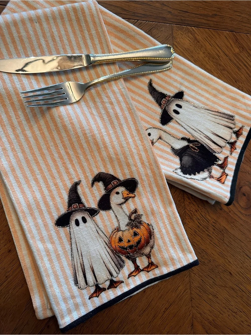 Halloween Kitchen Towels Set of 2 Ghost Pumpkins Striped Orange Black
